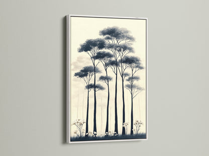 Brighten your space with minimalist wall art. This forest trees canvas print is showcased in a white frame. Its neutral tones and botanical art create a tranquil atmosphere. Perfect for Scandi decor and hallway wall art. This artwork brings simple elegance to any room.