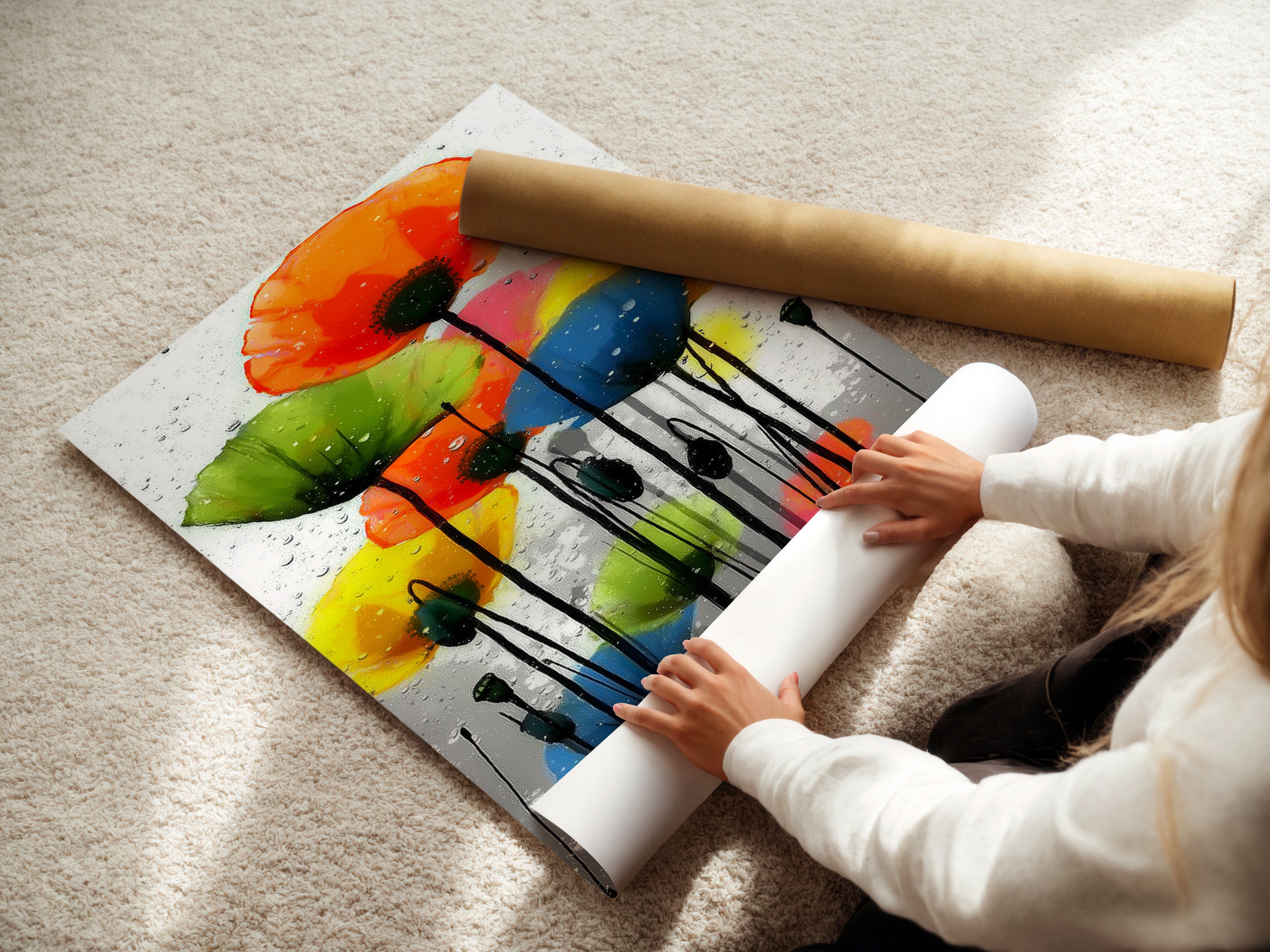 A woman is carefully rolling a fine art poster paper. The paper features a colorful poppy artwork. This botanical wall decor is perfect for art enthusiasts. It is ideal for creating a personalized space with vibrant flower prints.