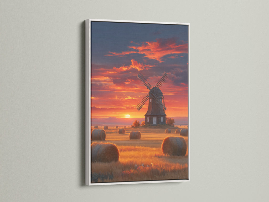 The windmill sunset artwork is showcased in a white frame. This fine art piece brings a serene Dutch countryside view to your home. It enhances any farmhouse style decor.