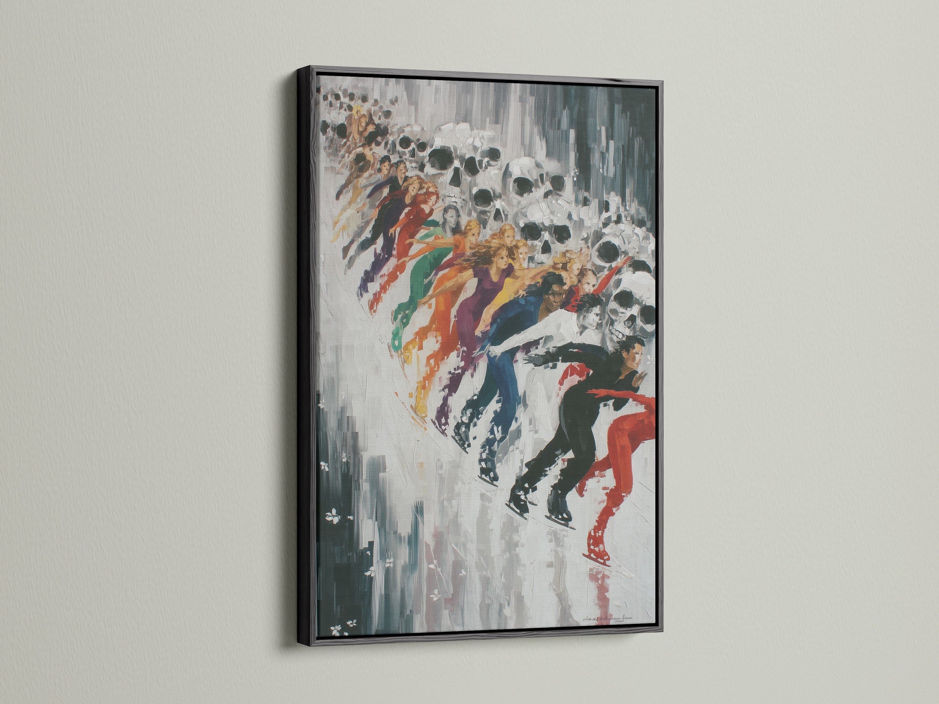 Abstract Skull Art Print with a black frame. The black frame adds a bold contrast to the colorful skull artwork. This dark art canvas is perfect for edgy home decor. It creates a striking focal point.