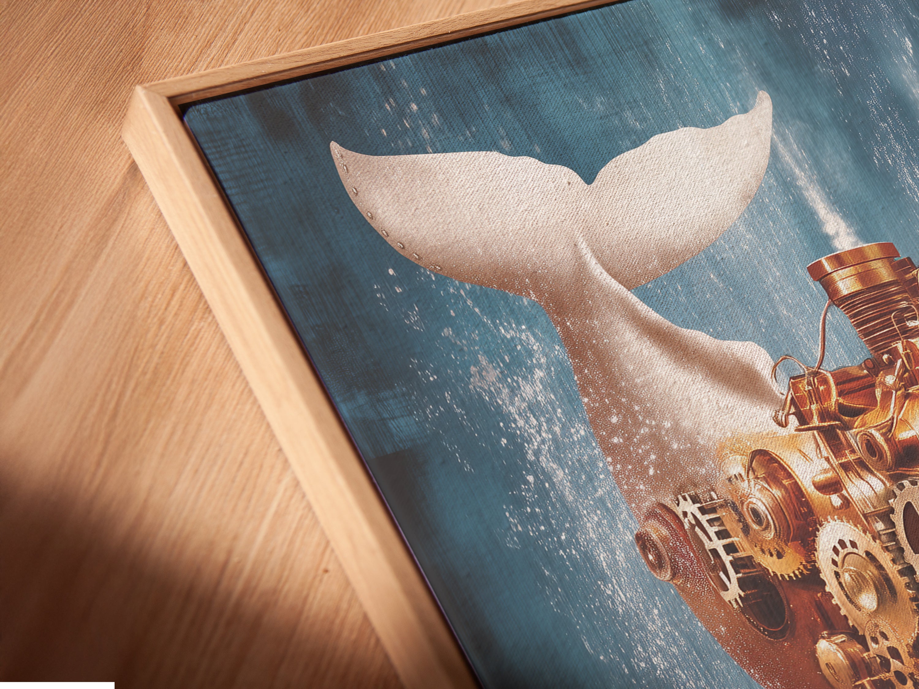 A close-up angled view of a canvas print in a floating frame. Featuring the Steampunk Whale artwork this mechanical ocean wall art combines nautical decor with vintage steampunk. The floating frame enhances the artwork's visual appeal. This piece is ready to hang.