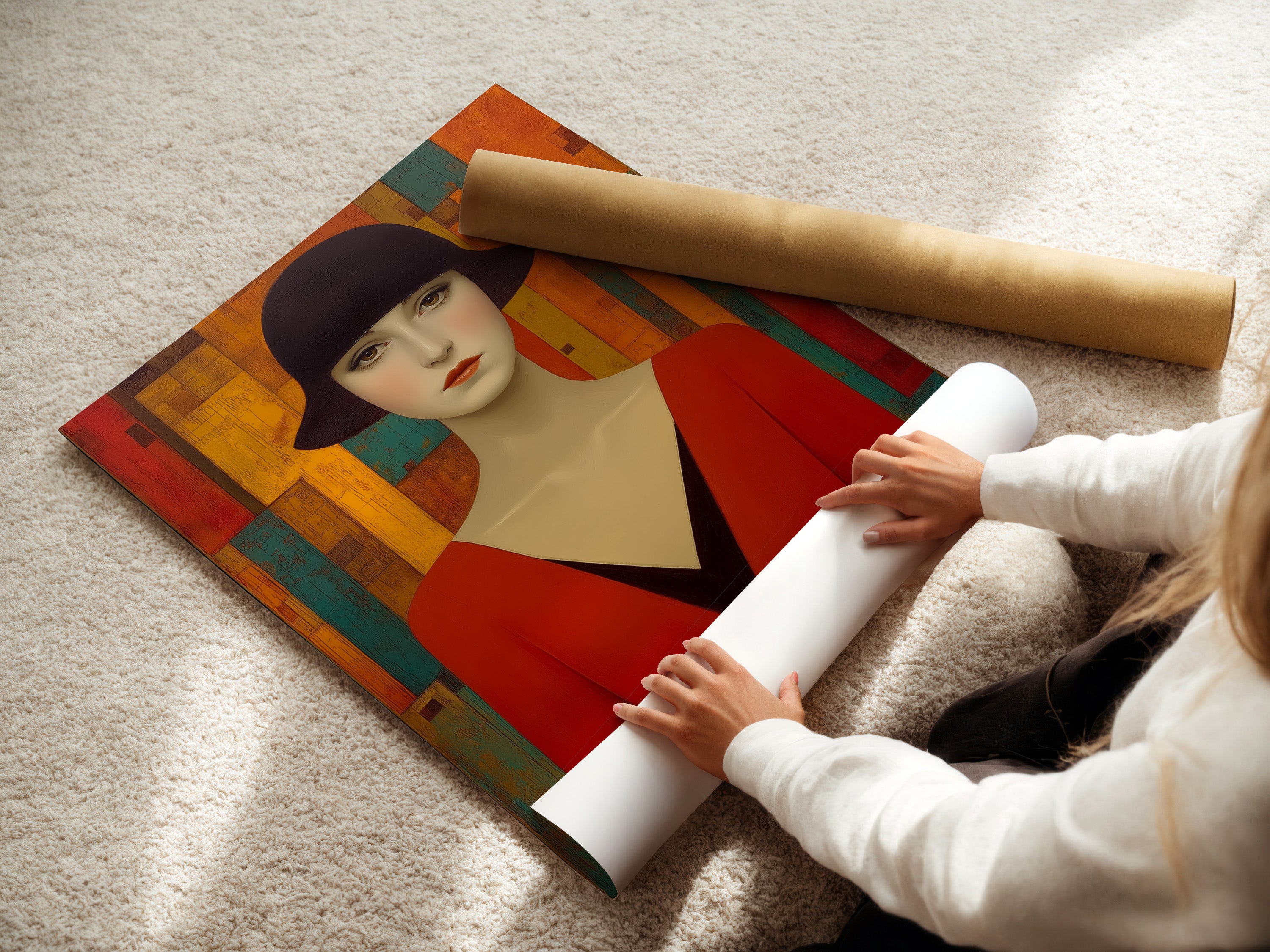 A woman carefully rolls a fine art poster paper. The poster features an art deco woman portrait. The vintage-style artwork is perfect for creating custom wall art. Ideal for retro home decor enthusiasts and art collectors.