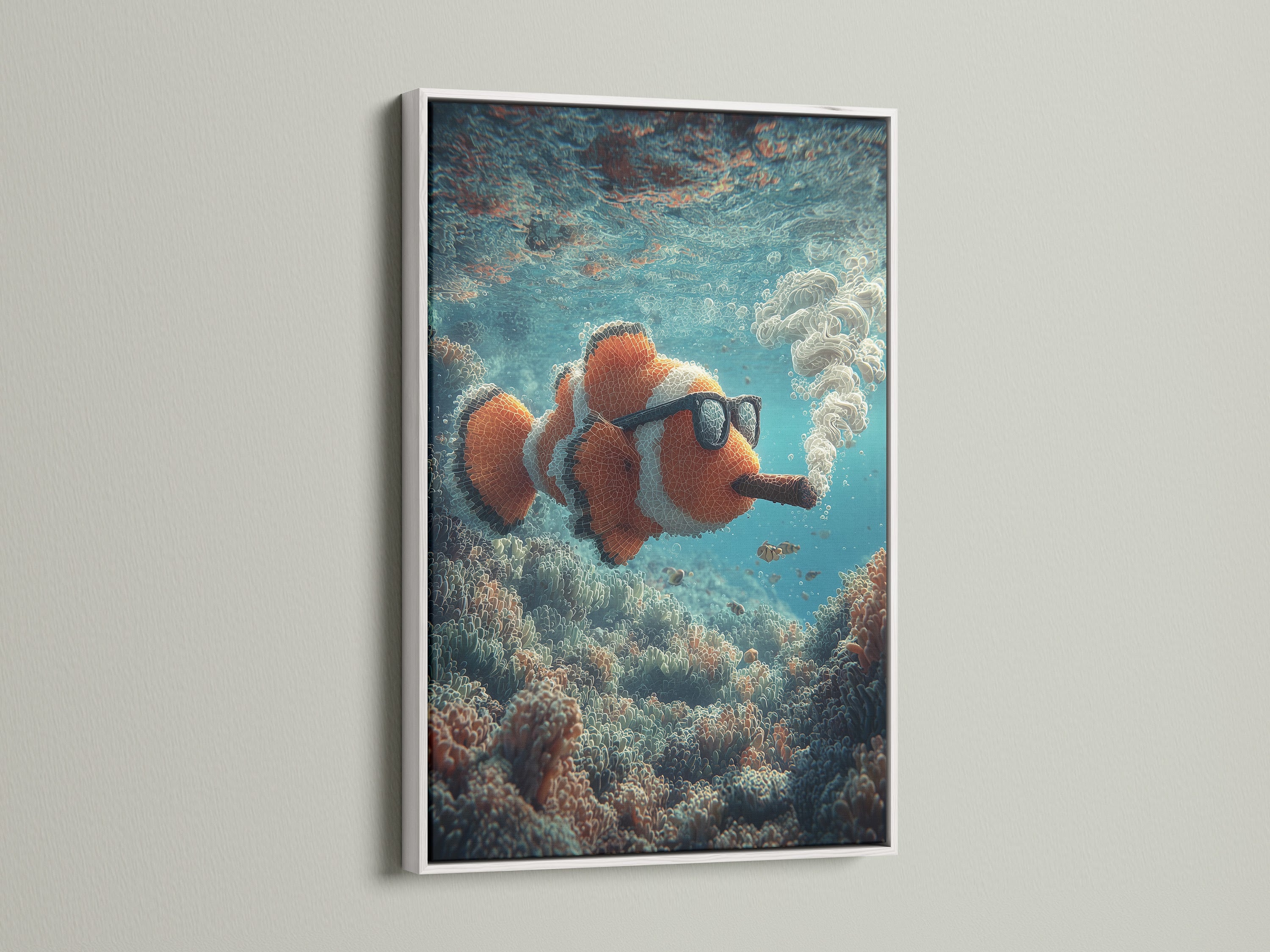 White frame showcasing a clownfish art piece. The art shows the clownfish smoking a cigar underwater. The white frame offers a clean and modern look. It complements any interior style. This unique piece brings a playful element to your walls