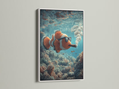 White frame showcasing a clownfish art piece. The art shows the clownfish smoking a cigar underwater. The white frame offers a clean and modern look. It complements any interior style. This unique piece brings a playful element to your walls
