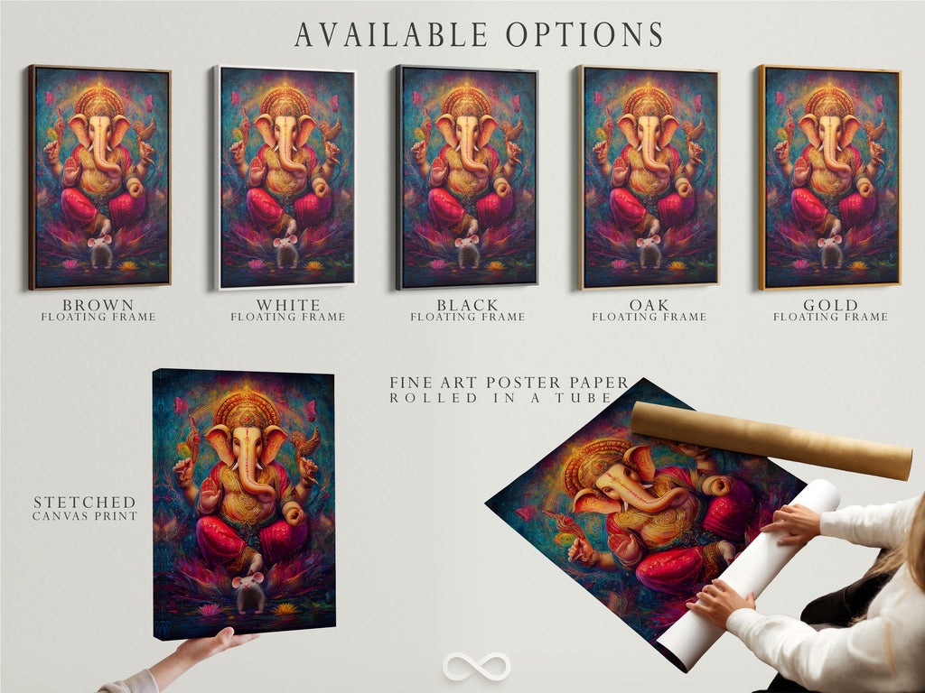 Available options for Ganesha artwork include a stretched canvas print fine art poster paper and a floating frame. This Hindu God wall art adds spiritual bohemian decor. It enhances any meditation room. The colorful sacred art is a unique touch.