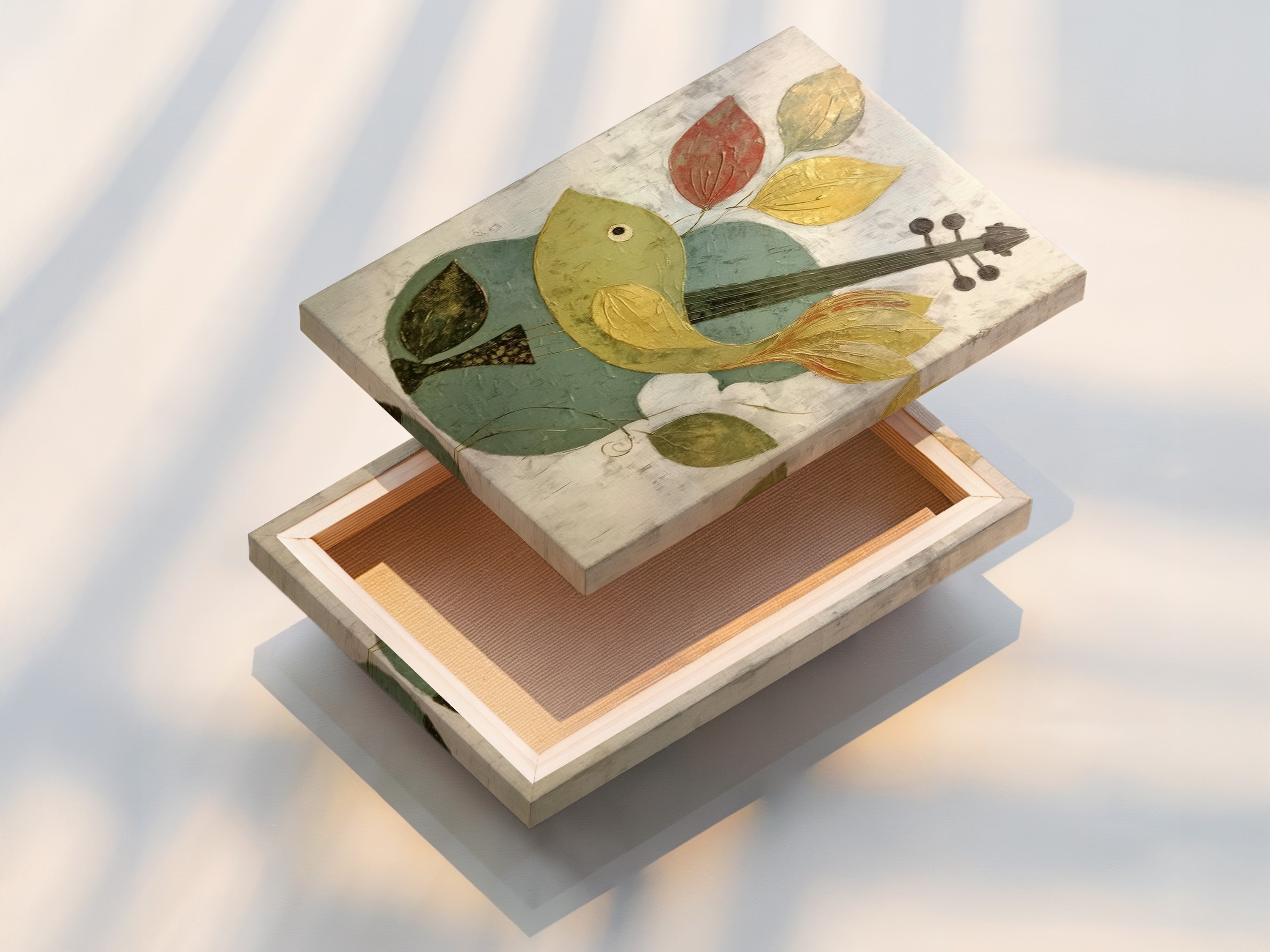 This is a stretched canvas print of the Bird and Violin artwork. The canvas texture enhances the abstract details. The musical theme adds a whimsical touch. Perfect for living rooms offices or music schools. Transform your walls today.