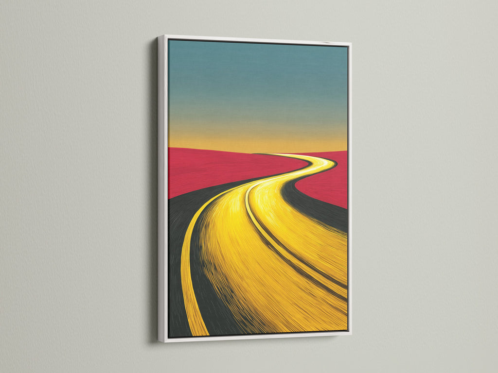 A desert road art piece is showcased in a clean white frame. This landscape canvas brings earth tones. The minimalist artwork is perfect for office decor. The vibrant golden yellow road adds a modern touch to any space. Ideal for travel-themed rooms. This piece is a scenic wall art.