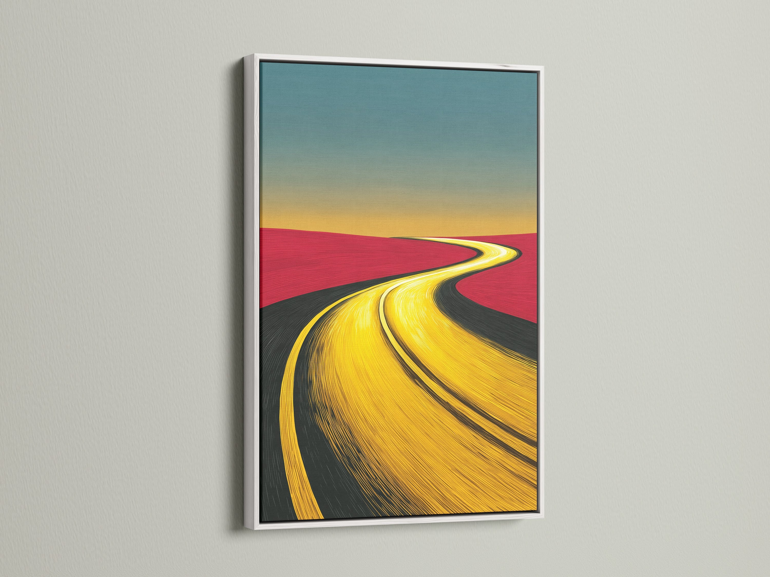A desert road art piece is showcased in a clean white frame. This landscape canvas brings earth tones. The minimalist artwork is perfect for office decor. The vibrant golden yellow road adds a modern touch to any space. Ideal for travel-themed rooms. This piece is a scenic wall art.