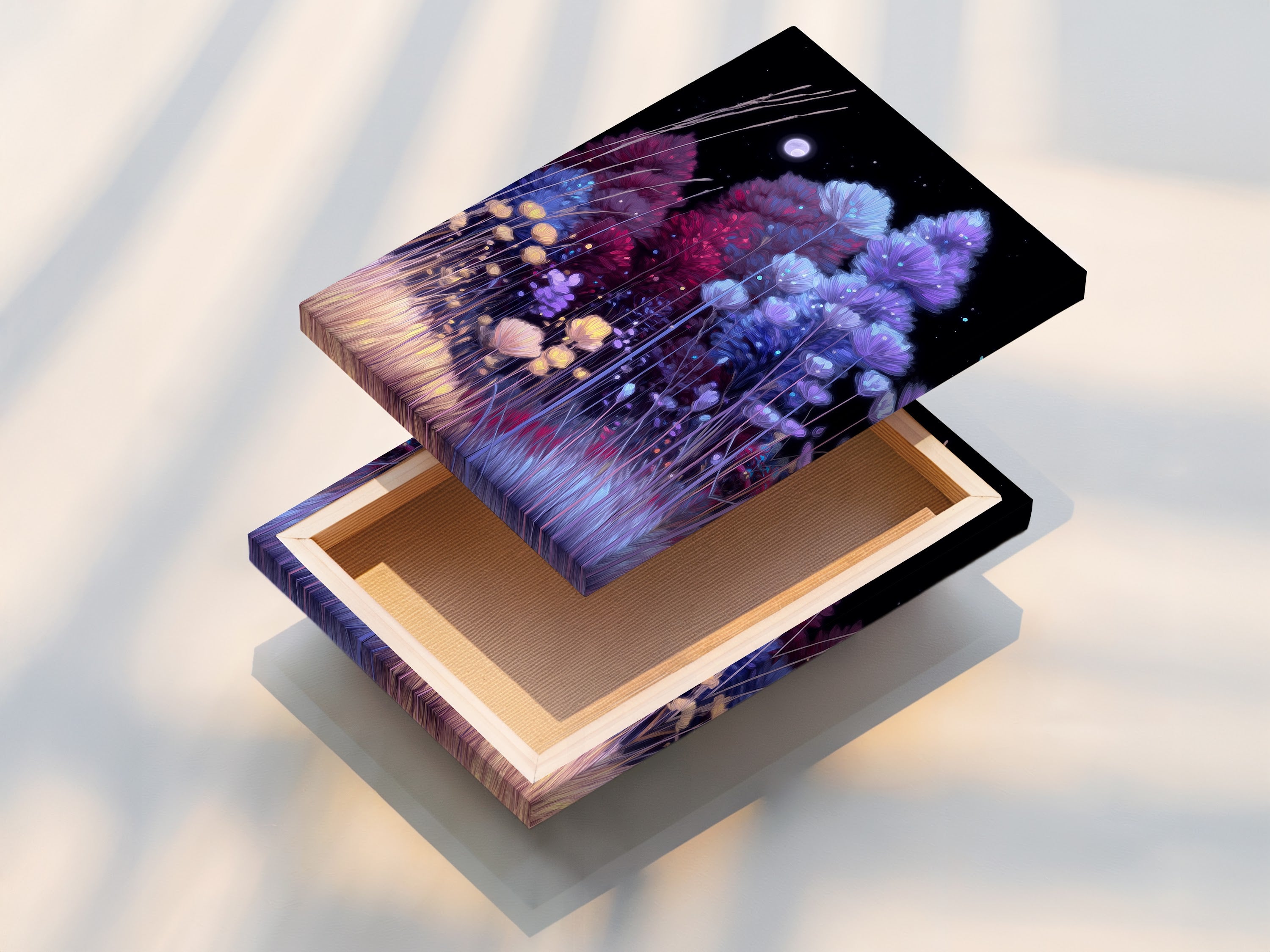 A stretched canvas print of the Floral Night artwork is displayed. The indigo and violet hues create a modern and whimsical feel. This flower field print is perfect for bedroom decor. It adds an elegant touch to any contemporary space.