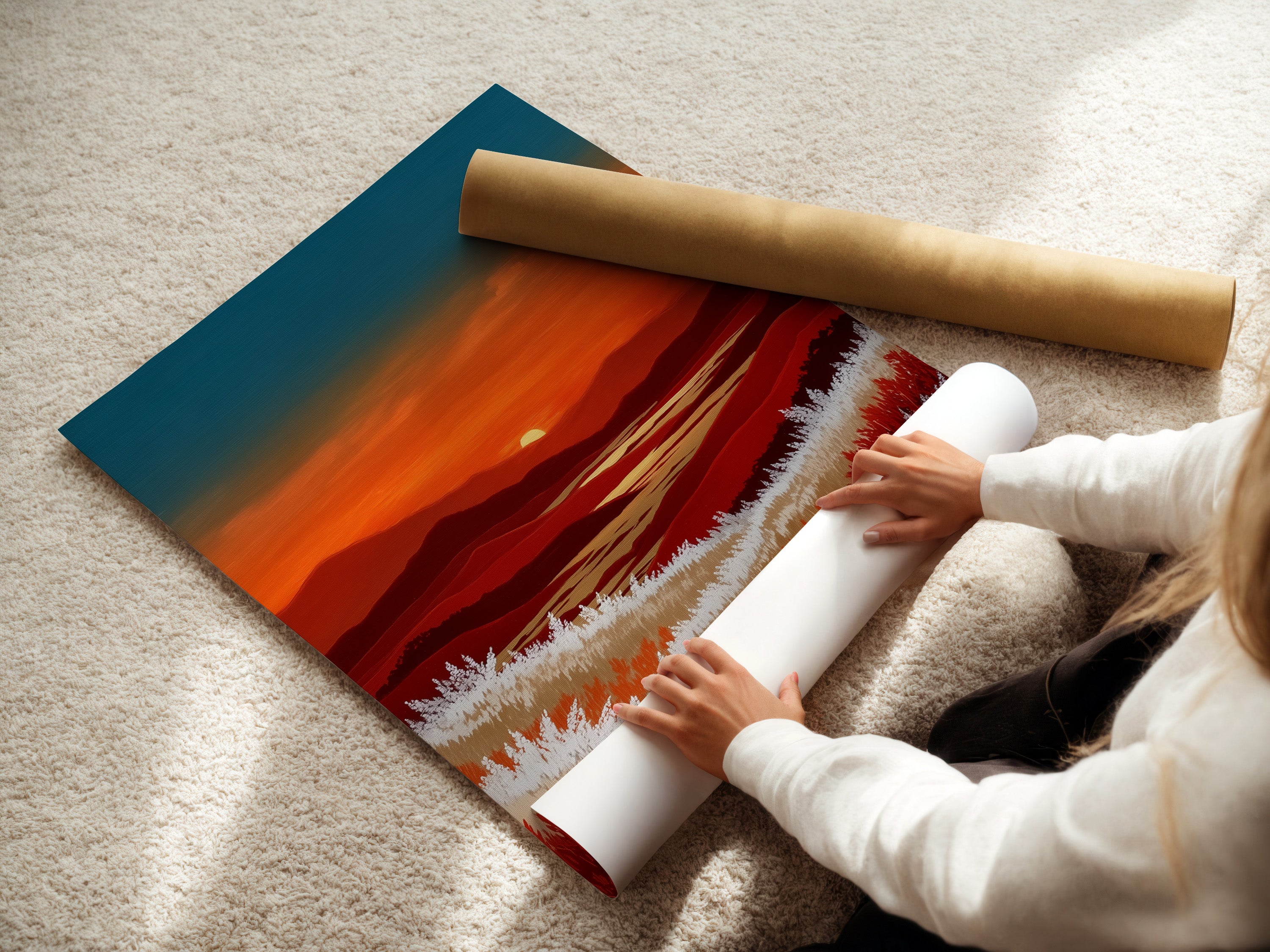 A woman is carefully rolling a fine art poster paper featuring a mountain sunset. The warm orange and teal landscape is printed on high-quality paper. This poster paper allows for versatile framing options. It is ideal for those who enjoy changing their wall art frequently. Great for bedroom wall decor.
