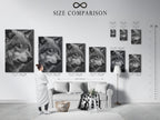 A size comparison chart in an interior setting. Visualize how this wolf portrait canvas print fits in your space. Choose the perfect dimensions for your wall art needs. Enhance your decor with this striking animal artwork.