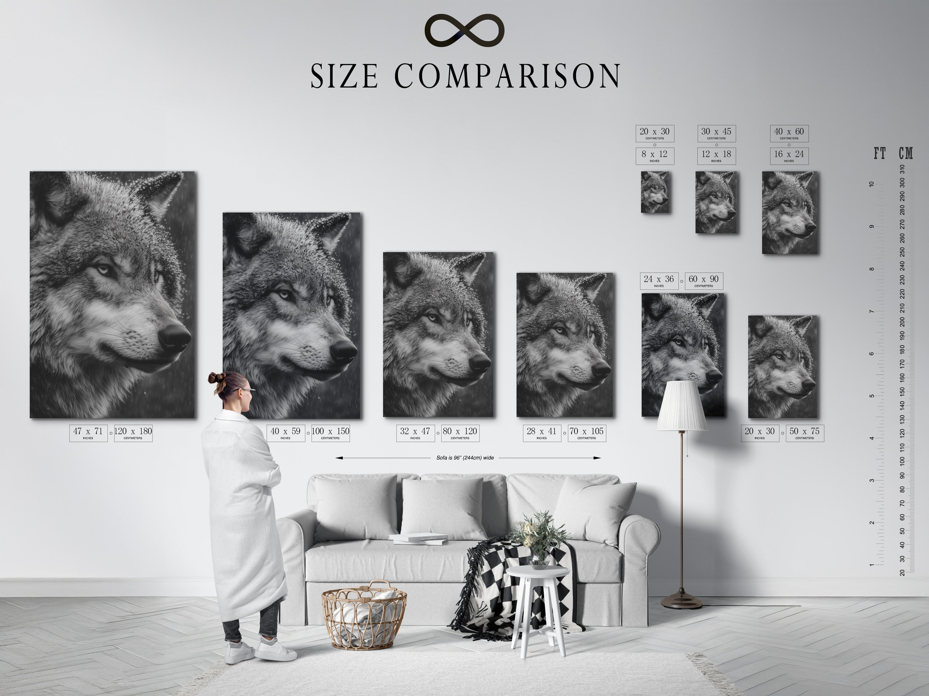 A size comparison chart in an interior setting. Visualize how this wolf portrait canvas print fits in your space. Choose the perfect dimensions for your wall art needs. Enhance your decor with this striking animal artwork.
