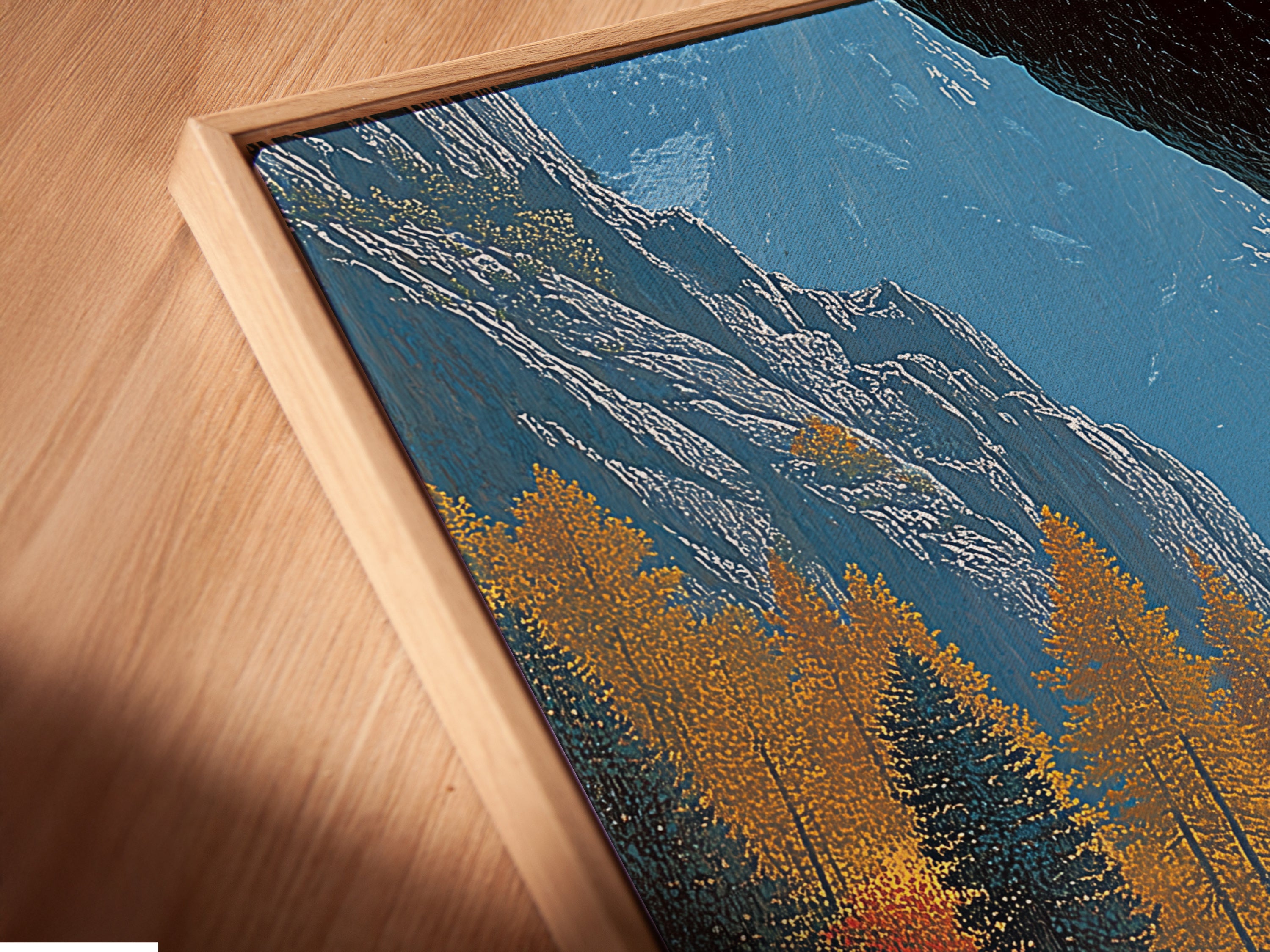 Angled close up of a canvas print in floating frame. The surfing wave artwork seems to float. This ocean wall art creates a unique display. The wave print is modern and stylish. Perfect coastal artwork for contemporary spaces. This surfer gift is presented in a sleek floating frame.