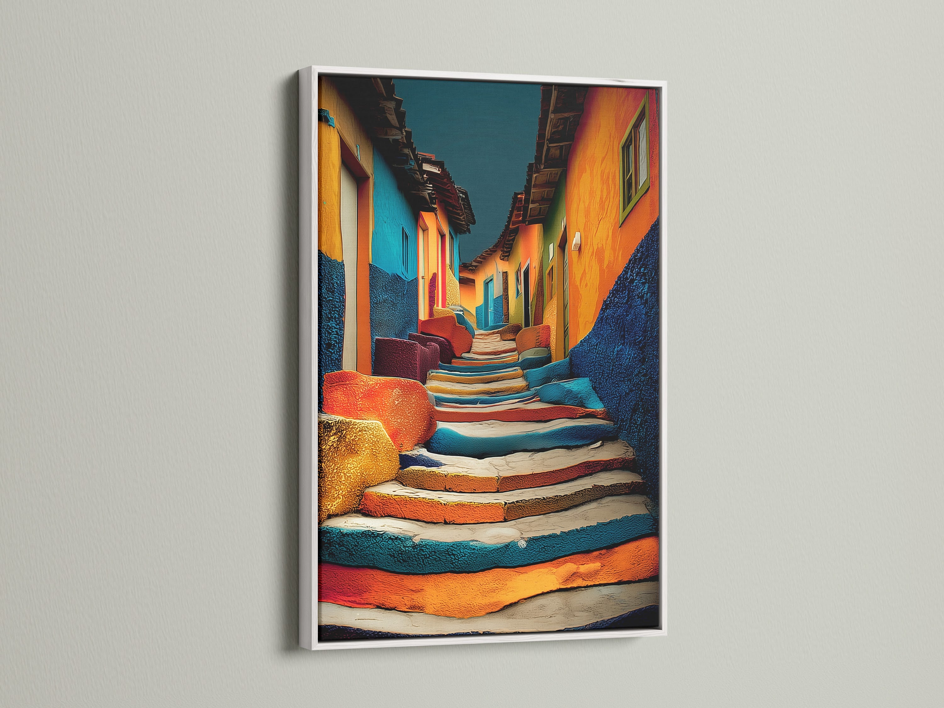 An eye-catching artwork featuring colorful stairs and buildings is presented in a white frame. The art print stands out against a white wall. The bright colors of the artwork pop. The white frame complements the artwork. A lovely piece to add to your collection.