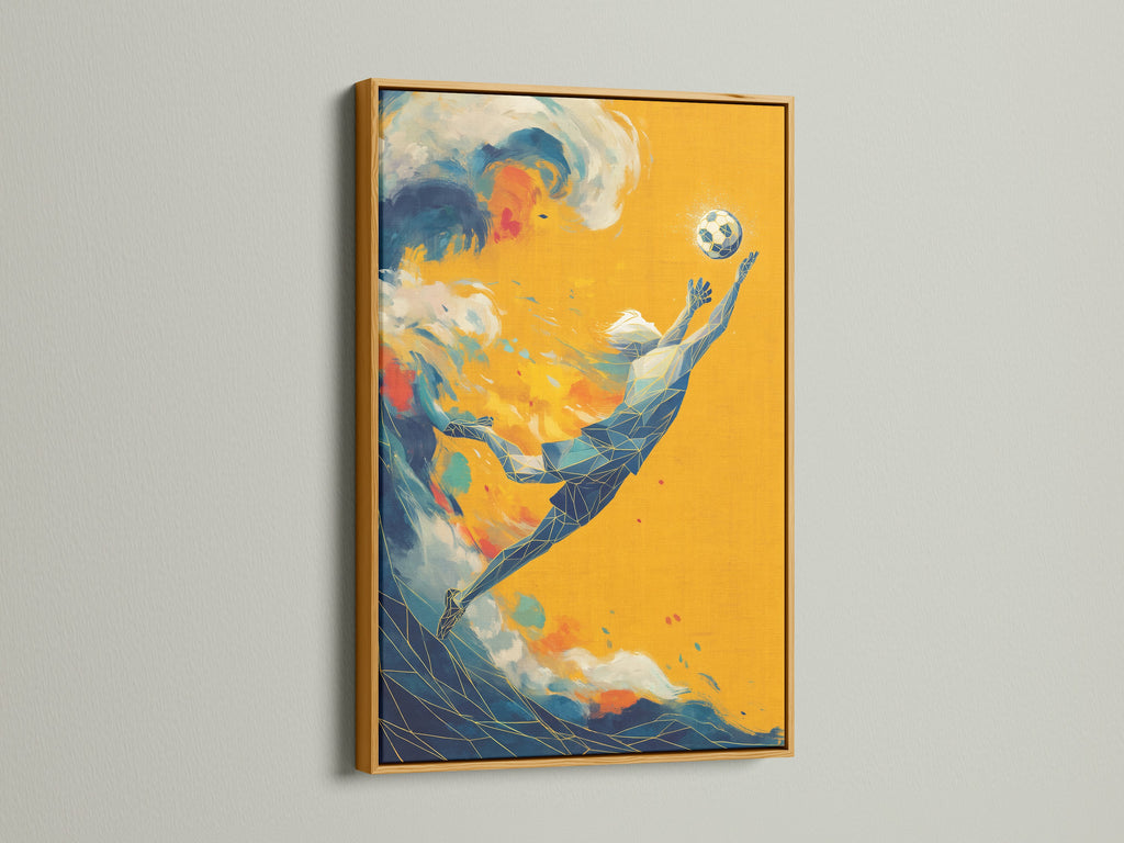 Modern soccer art print in a gold frame. This soccer canvas art features a striking abstract design. The gold frame adds a touch of luxury to this sports-themed artwork. Perfect for sports fans and art enthusiasts alike. Make a statement with this football wall art.