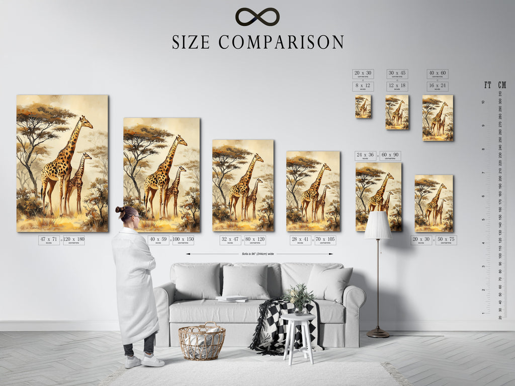 Size comparison chart in interior setting. This image shows the different sizes available for artwork. You can visualize how artwork will look in your space. Use this chart to choose the perfect size for your needs. Various print sizes are available for your art.
