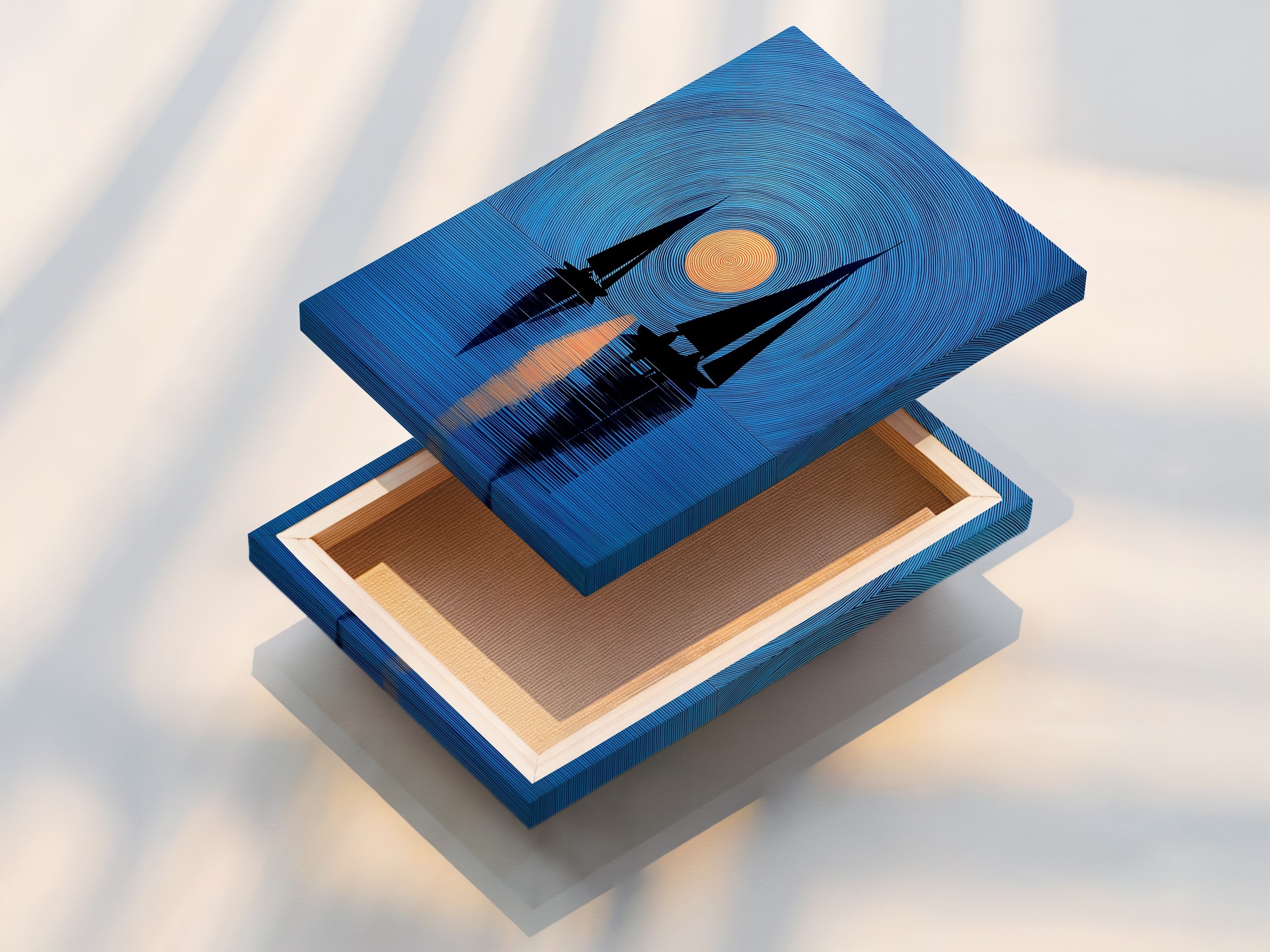 A stretched canvas print is on display. The nautical artwork shows navy blue sailboats and a sunset. This coastal art enhances any room. Ideal for homeowners renters and interior designers. It's perfect for minimalist Scandinavian or coastal styles. Add a touch of the ocean to your home.