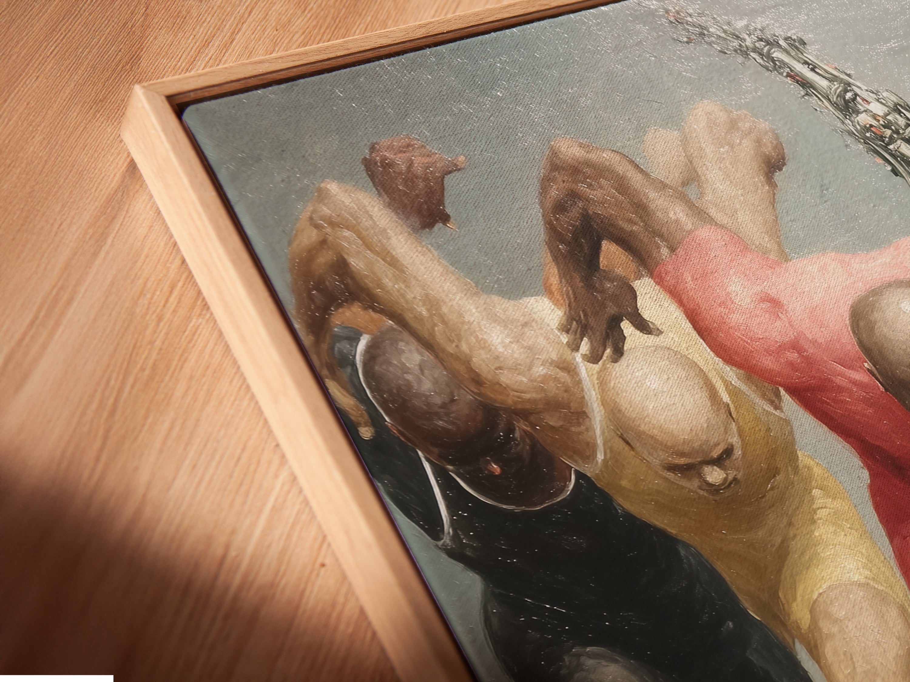 Close up of the canvas print of running athletes in a floating frame. The artwork appears to hover creating a modern look. This framing style adds depth. Ideal for sports wall art in a contemporary setting. It provides a unique display.