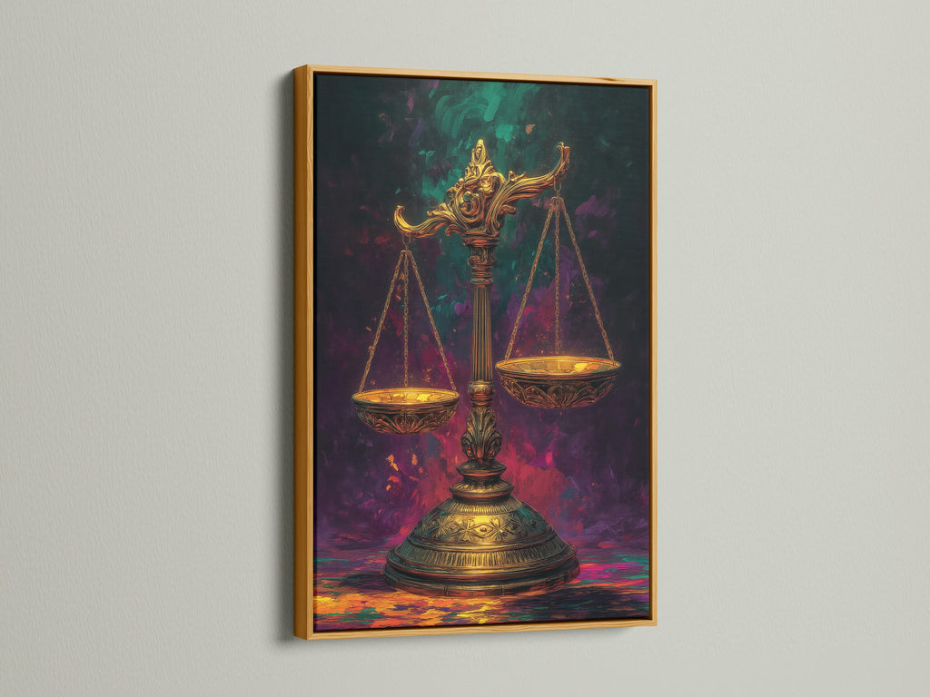 The scales of justice artwork is highlighted by a gold frame. The golden frame complements the primary gold color in the artwork. This justice artwork is perfect for adding a touch of luxury to your space. A great gift for lawyers or law students.