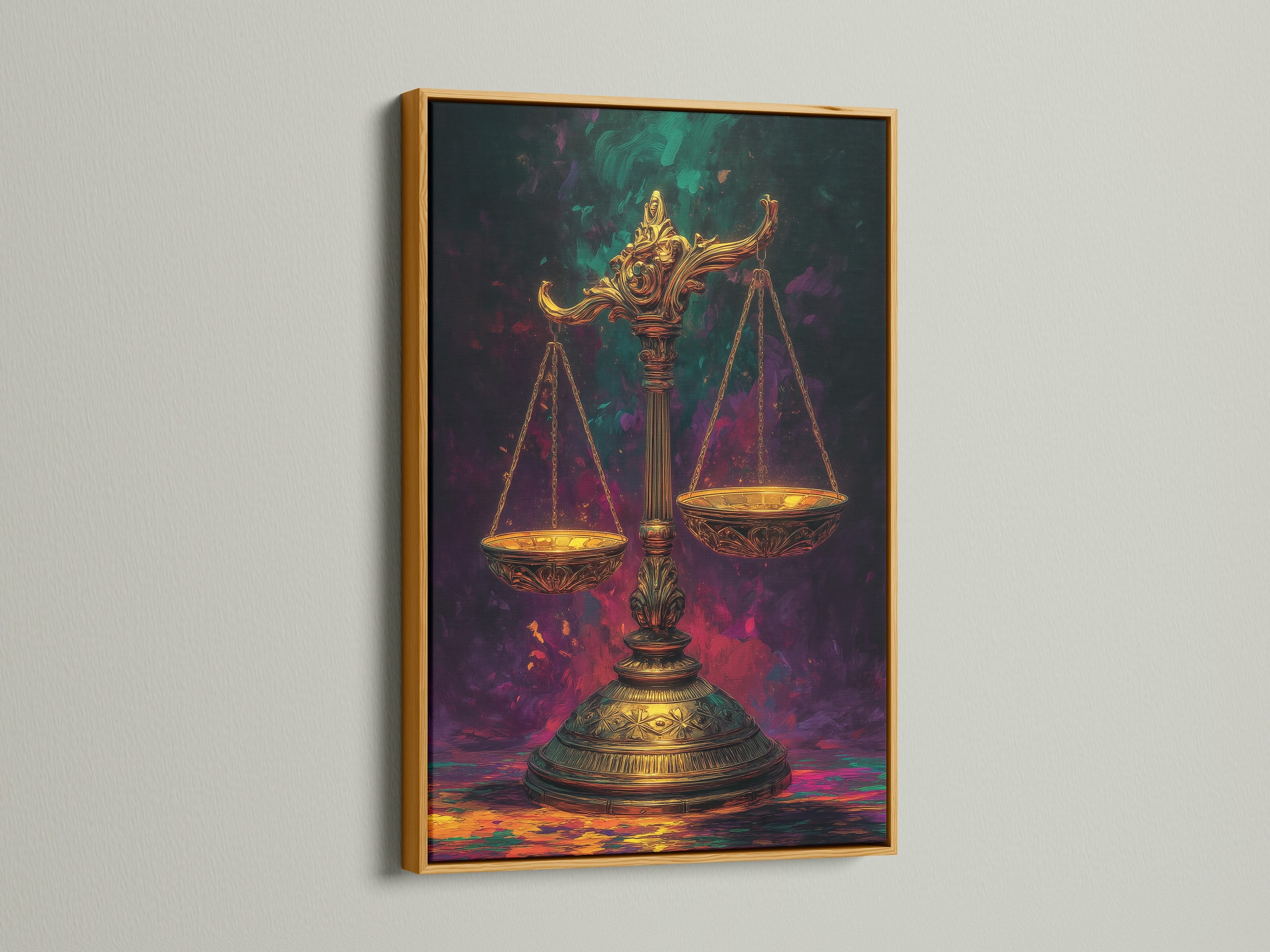 The scales of justice artwork is highlighted by a gold frame. The golden frame complements the primary gold color in the artwork. This justice artwork is perfect for adding a touch of luxury to your space. A great gift for lawyers or law students.