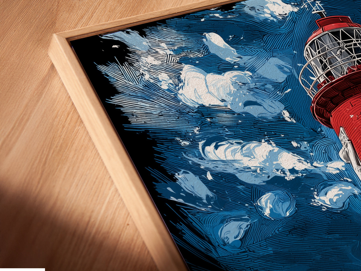 A close up shows a canvas print in a floating frame. The floating frame enhances the artwork's depth. This framing option offers a modern gallery like aesthetic for your coastal artwork.