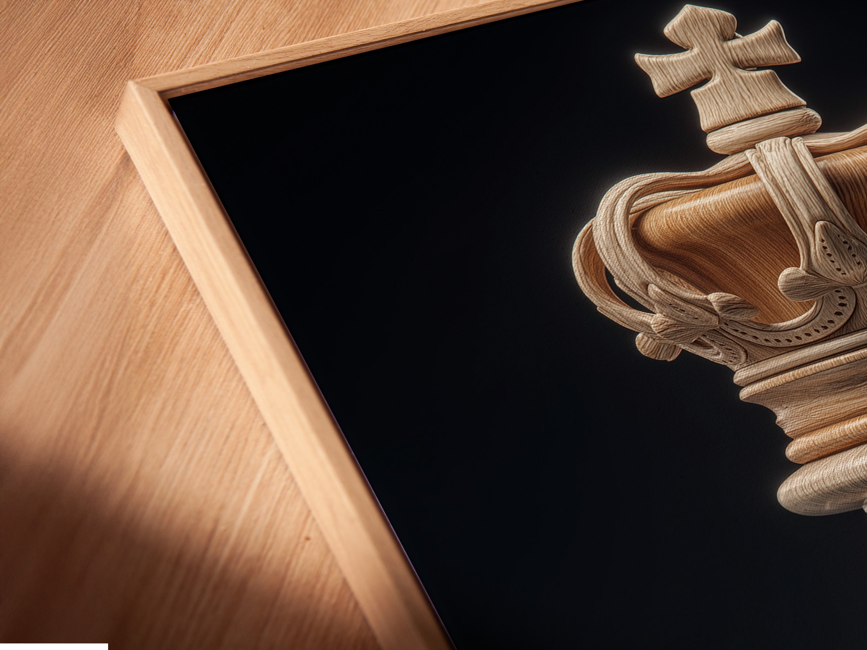 A close-up angled view reveals a canvas print in a floating frame. The artwork features a chess king piece. The floating frame adds depth and dimension to the artwork. It creates a modern and gallery-like presentation.