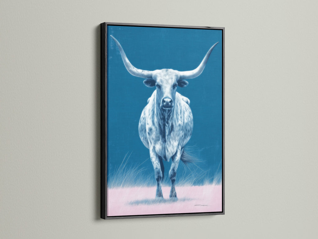 This image presents the longhorn bull artwork in a black frame. This art brings a modern western style to your walls. Ideal for those seeking rustic wall art. The black frame complements any decor.