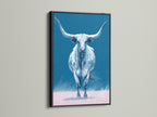 This image presents the longhorn bull artwork in a black frame. This art brings a modern western style to your walls. Ideal for those seeking rustic wall art. The black frame complements any decor.