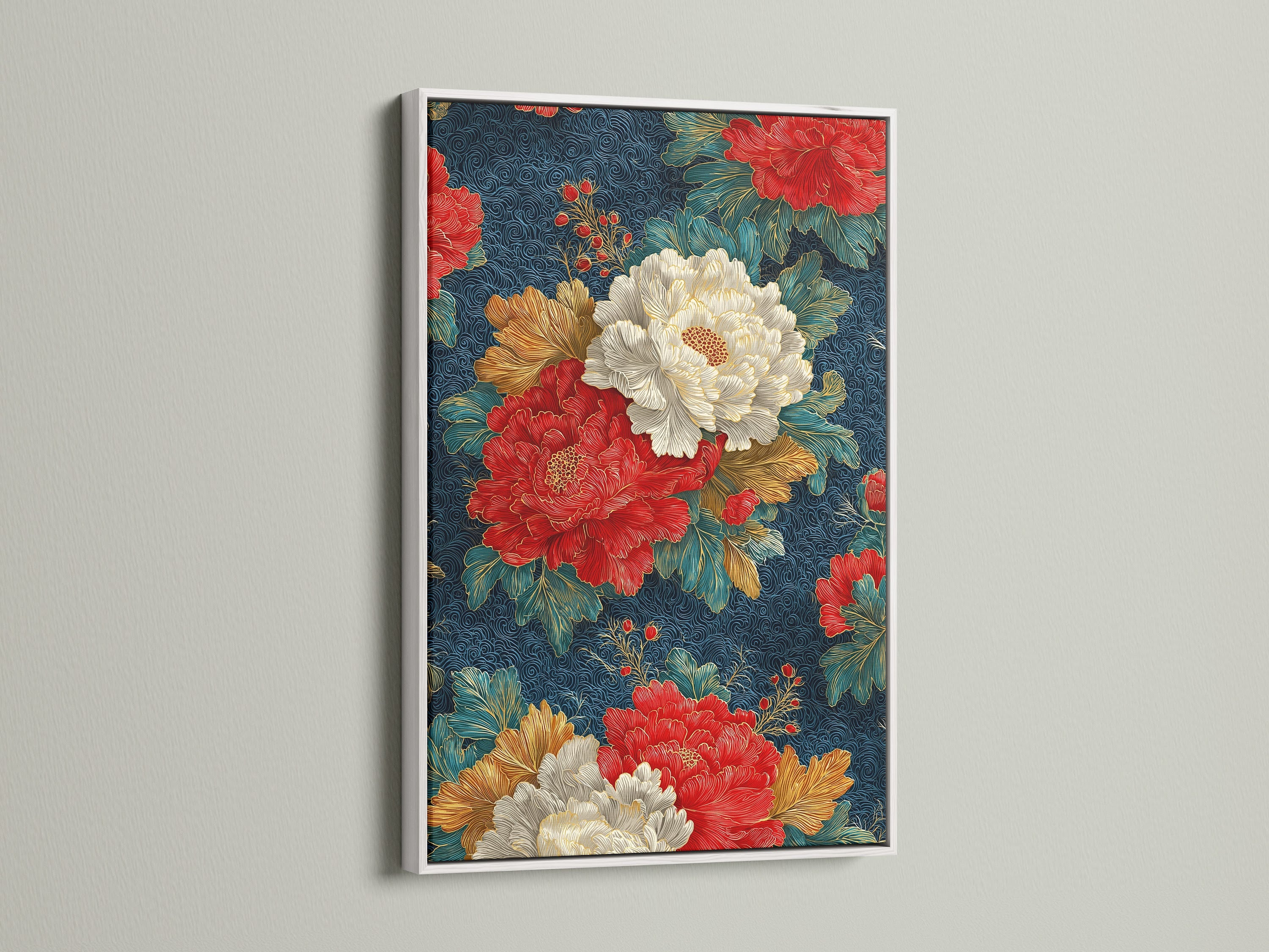 Japanese Floral Wall Art - Navy Blue Peony Canvas Print, Oriental Botanical Art for Living Room Decor