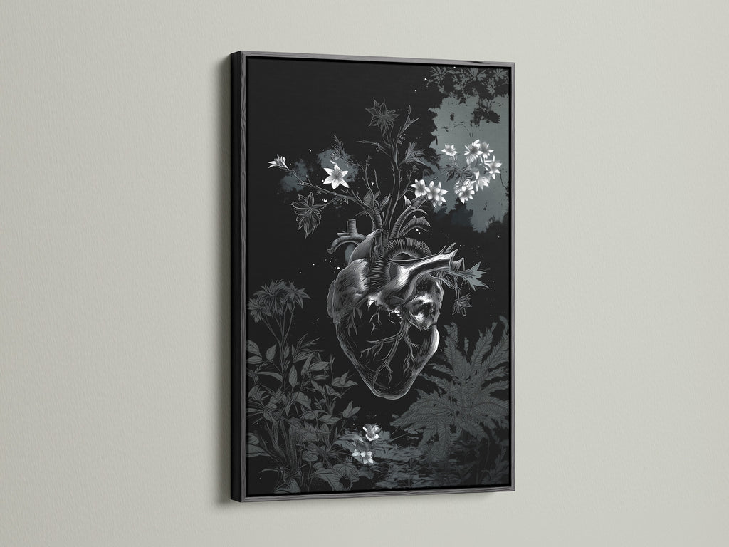 Artwork presented in a sleek black frame. The black frame provides a sophisticated contrast. The botanical heart art is perfectly highlighted. This frame option adds a modern touch to the piece.