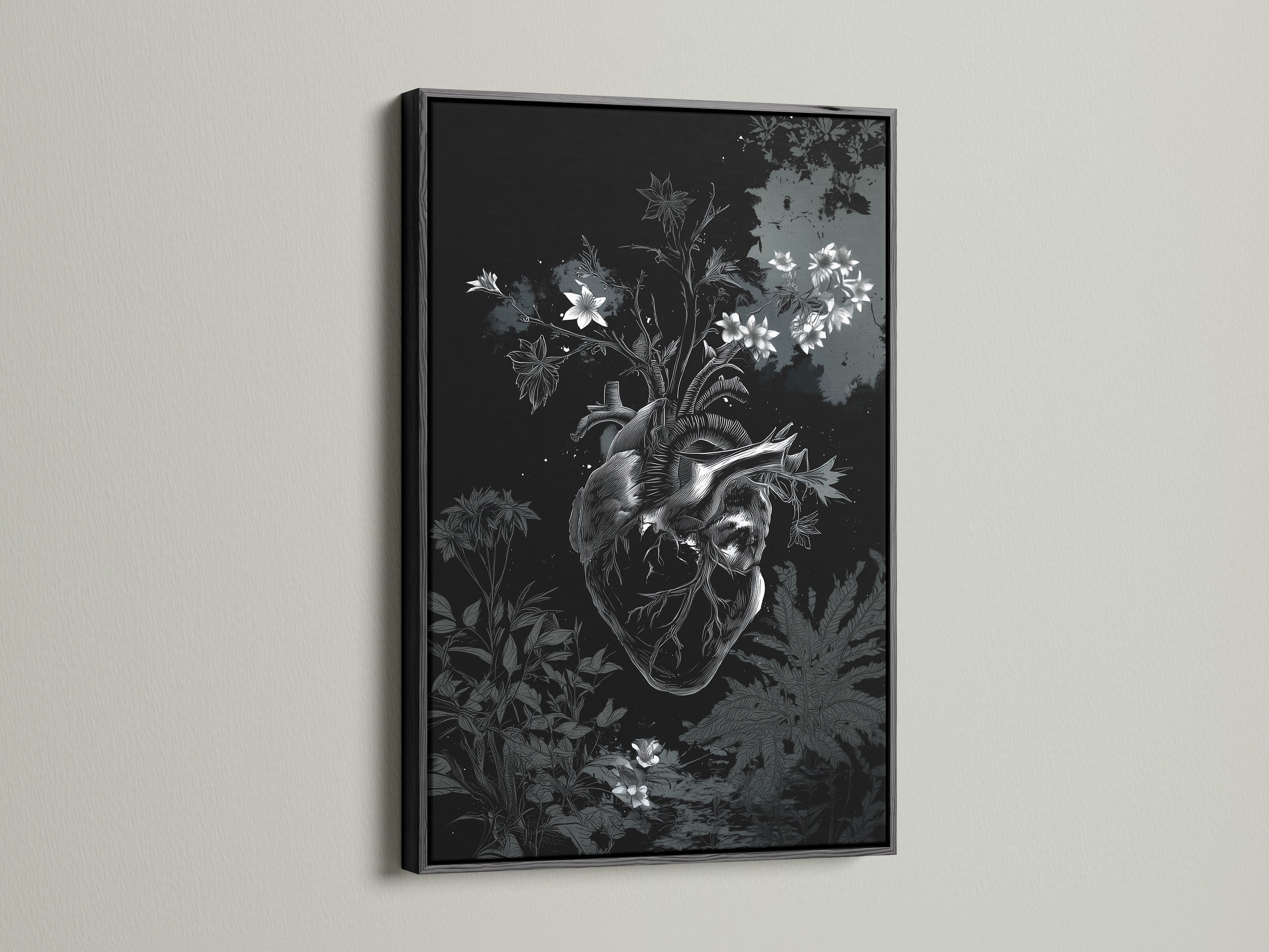 Artwork presented in a sleek black frame. The black frame provides a sophisticated contrast. The botanical heart art is perfectly highlighted. This frame option adds a modern touch to the piece.