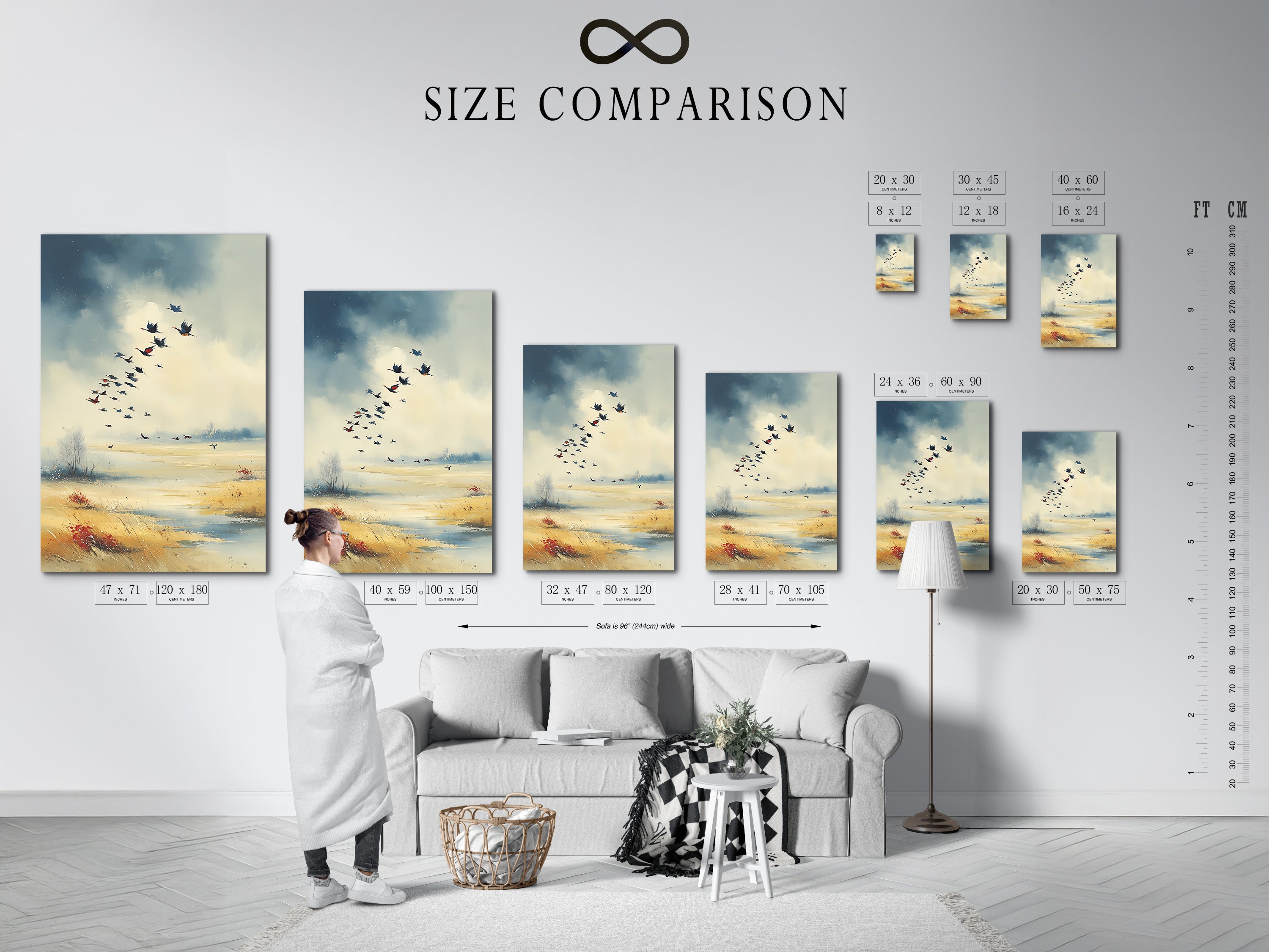 Size comparison chart in an interior setting featuring the Birds in Flight artwork. Visualize the perfect size for your space with this handy chart. Choose the ideal dimensions for your living room wall art. See how this nature print complements your existing decor. Plan your perfect rustic decor today.