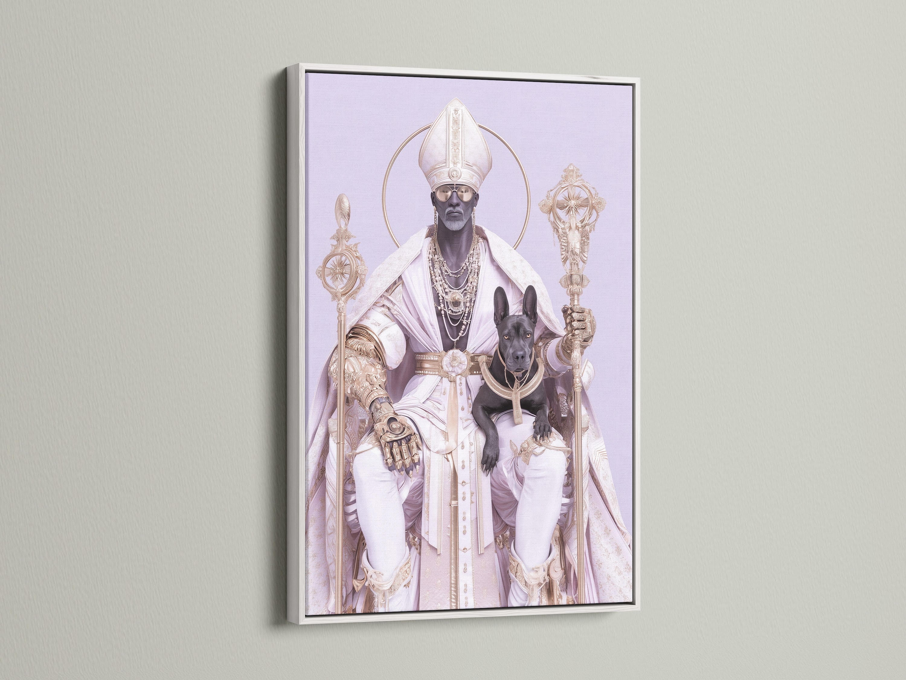 Religious artwork of Saint Nicholas is displayed in a clean white frame. The artwork features a contemporary style with gold and purple accents. The white frame enhances the spiritual artwork. It is perfect for Christian wall decor adding a touch of faith to your home or office