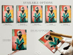 Available options for the Thoughtful Boy artwork are showcased here. Choose from a stretched canvas print fine art poster paper or a floating frame. Customize your emotional artwork to fit your style. These options enhance the teal and coral wall art. Find the perfect fit for your study room decor.