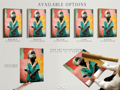 Available options for the Thoughtful Boy artwork are showcased here. Choose from a stretched canvas print fine art poster paper or a floating frame. Customize your emotional artwork to fit your style. These options enhance the teal and coral wall art. Find the perfect fit for your study room decor.