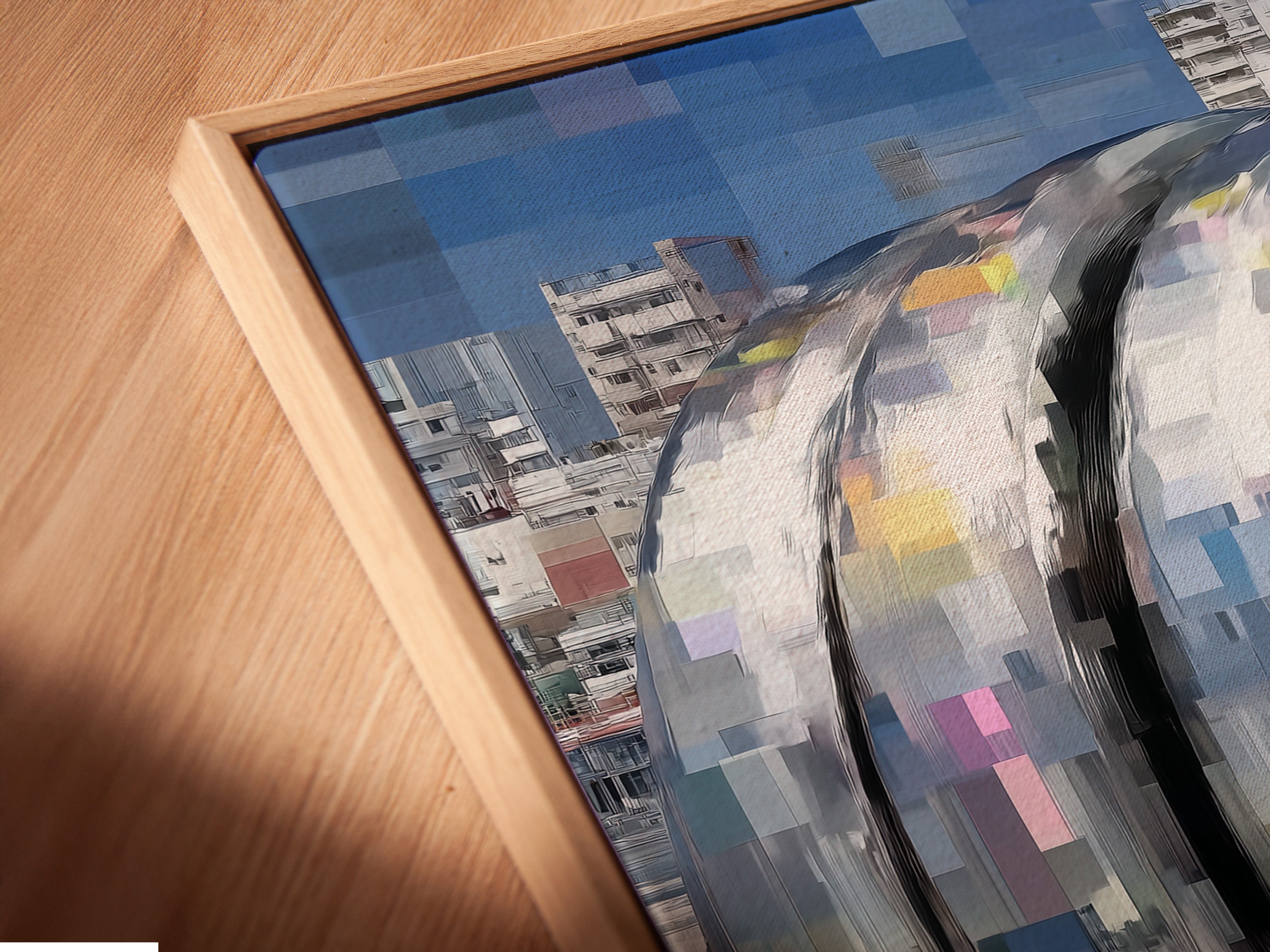 Get a close-up view of the canvas print. It's set in a floating frame. This modern mechanical wall art elevates any room. The digital pixel design is striking. It's perfect for office wall decor with a contemporary edge.