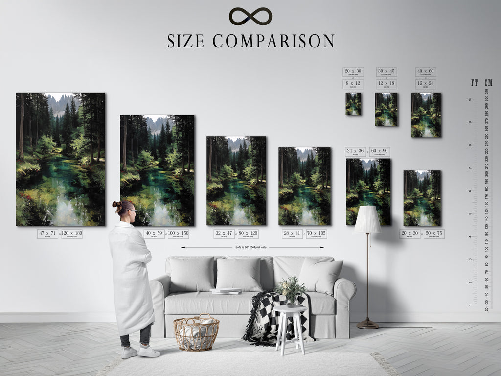 A size comparison chart in an interior setting is displayed. See how the forest river artwork fits your space. Visualize the emerald green wall art in different sizes. The woodland landscape painting can transform any room. Choose the perfect size for your cabin decor. Compare options to enhance your interior design. Find the ideal nature artwork.