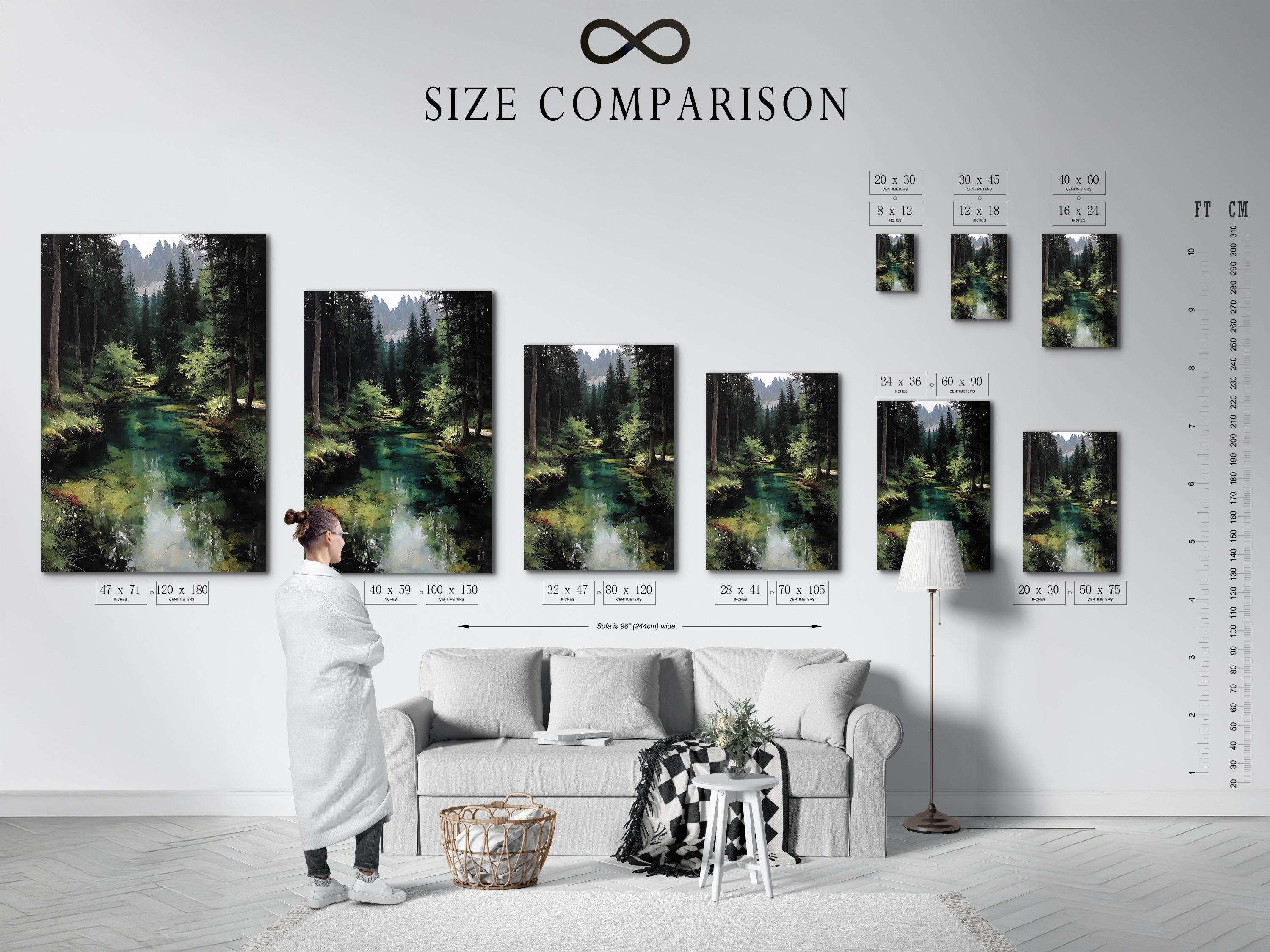 A size comparison chart in an interior setting is displayed. See how the forest river artwork fits your space. Visualize the emerald green wall art in different sizes. The woodland landscape painting can transform any room. Choose the perfect size for your cabin decor. Compare options to enhance your interior design. Find the ideal nature artwork.