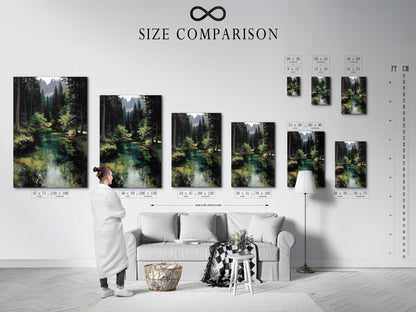 A size comparison chart in an interior setting is displayed. See how the forest river artwork fits your space. Visualize the emerald green wall art in different sizes. The woodland landscape painting can transform any room. Choose the perfect size for your cabin decor. Compare options to enhance your interior design. Find the ideal nature artwork.