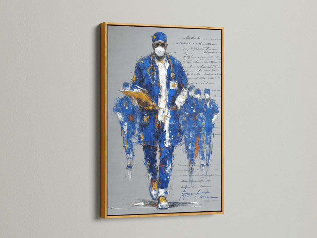 A gold frame enhances a blue abstract portrait. This healthcare worker painting exudes elegance. Ideal for medical practices or as a sophisticated doctor gift. Discover this unique piece of medical art.