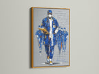 A gold frame enhances a blue abstract portrait. This healthcare worker painting exudes elegance. Ideal for medical practices or as a sophisticated doctor gift. Discover this unique piece of medical art.