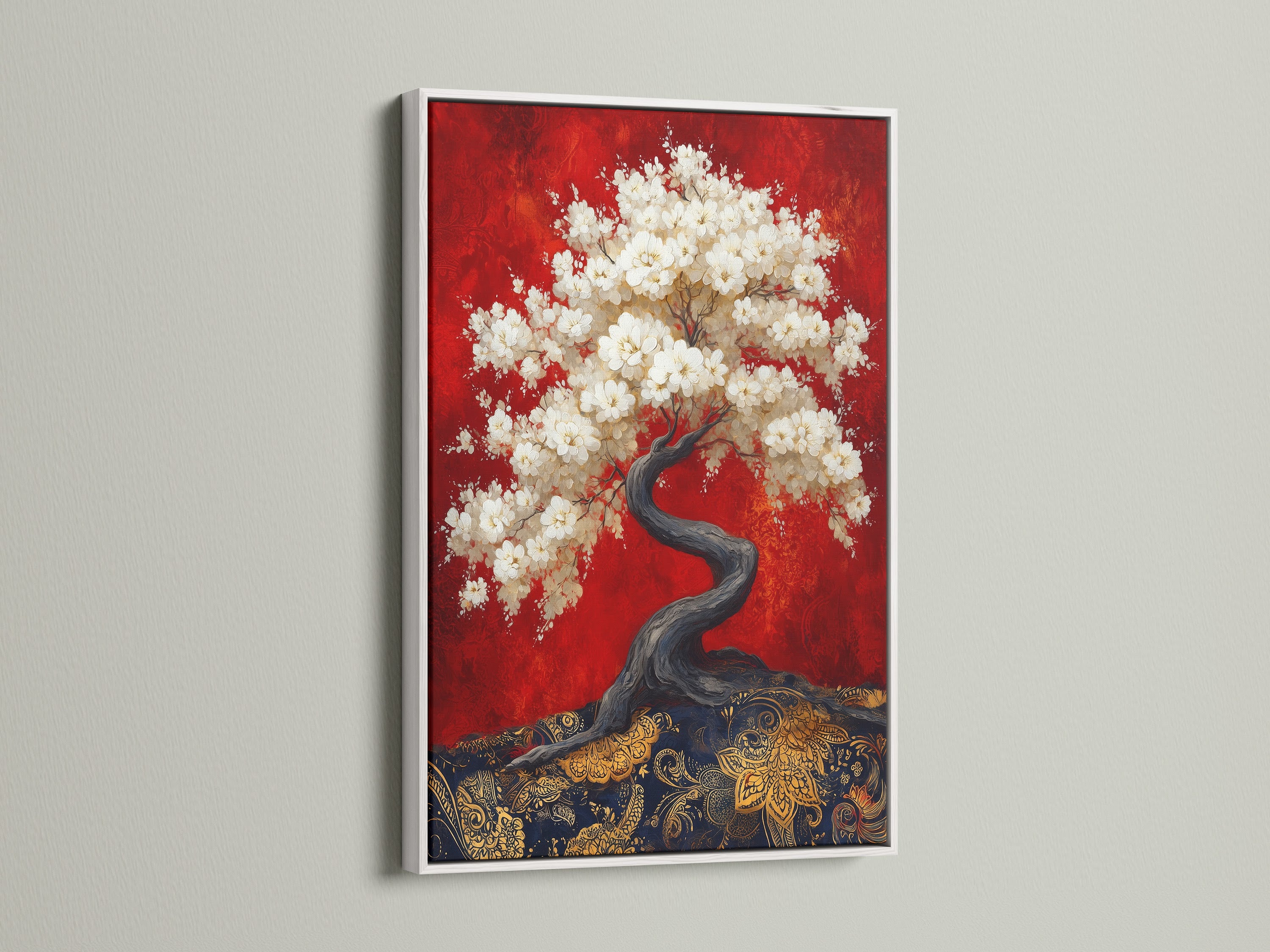 A serene cherry blossom tree artwork is elegantly framed in white. The bonsai tree print adds a touch of nature canvas art to your living space. This Asian art print is perfect for creating a calming zen wall decor. It is ideal for enhancing bedroom wall decor with its red and gold hues.
