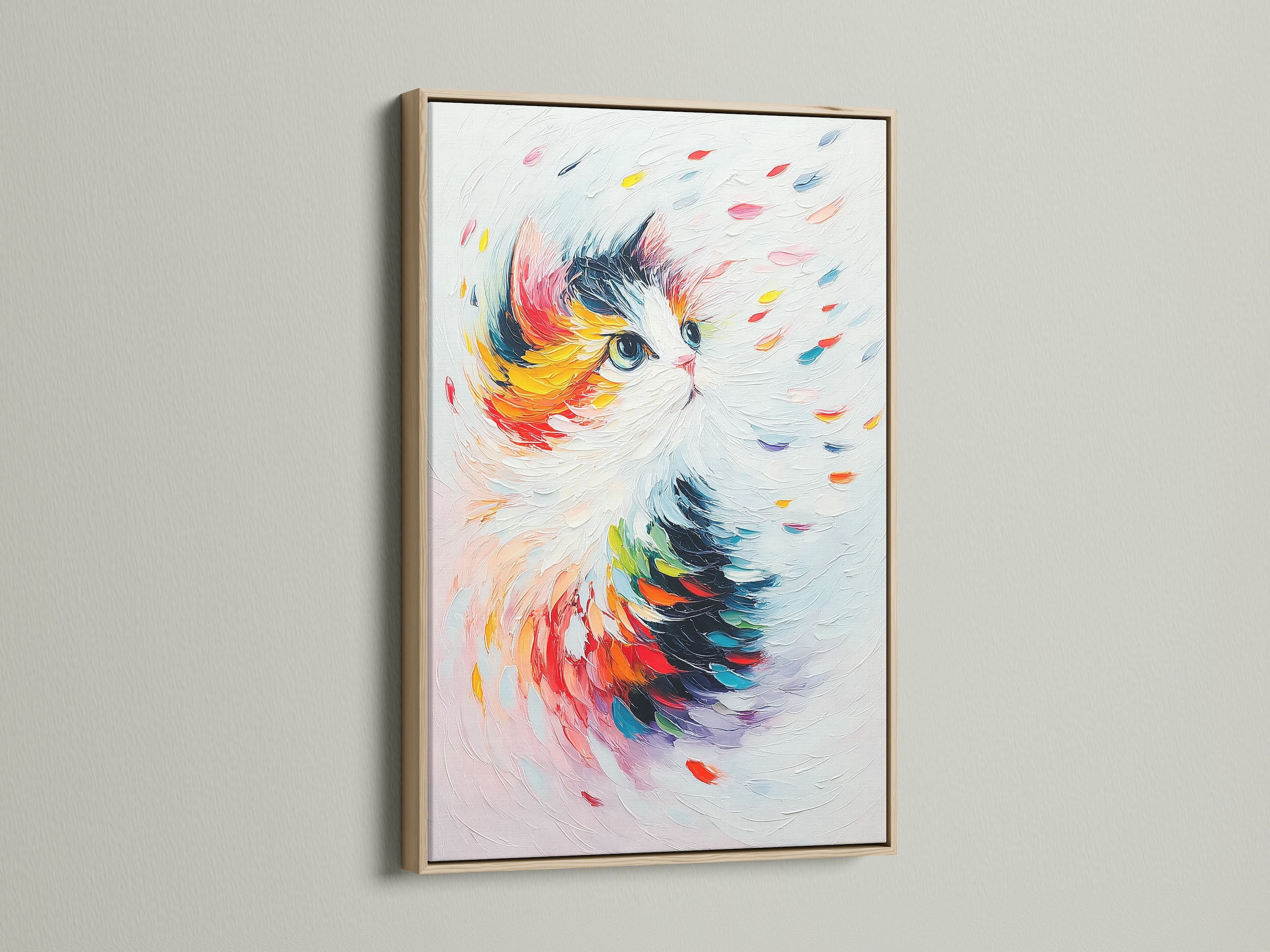 This image shows a colorful cat art print framed in oak. The abstract feline artwork adds a touch of whimsy to any room. Perfect for pet owners and art collectors. It brings joyful contemporary style to your home decor.