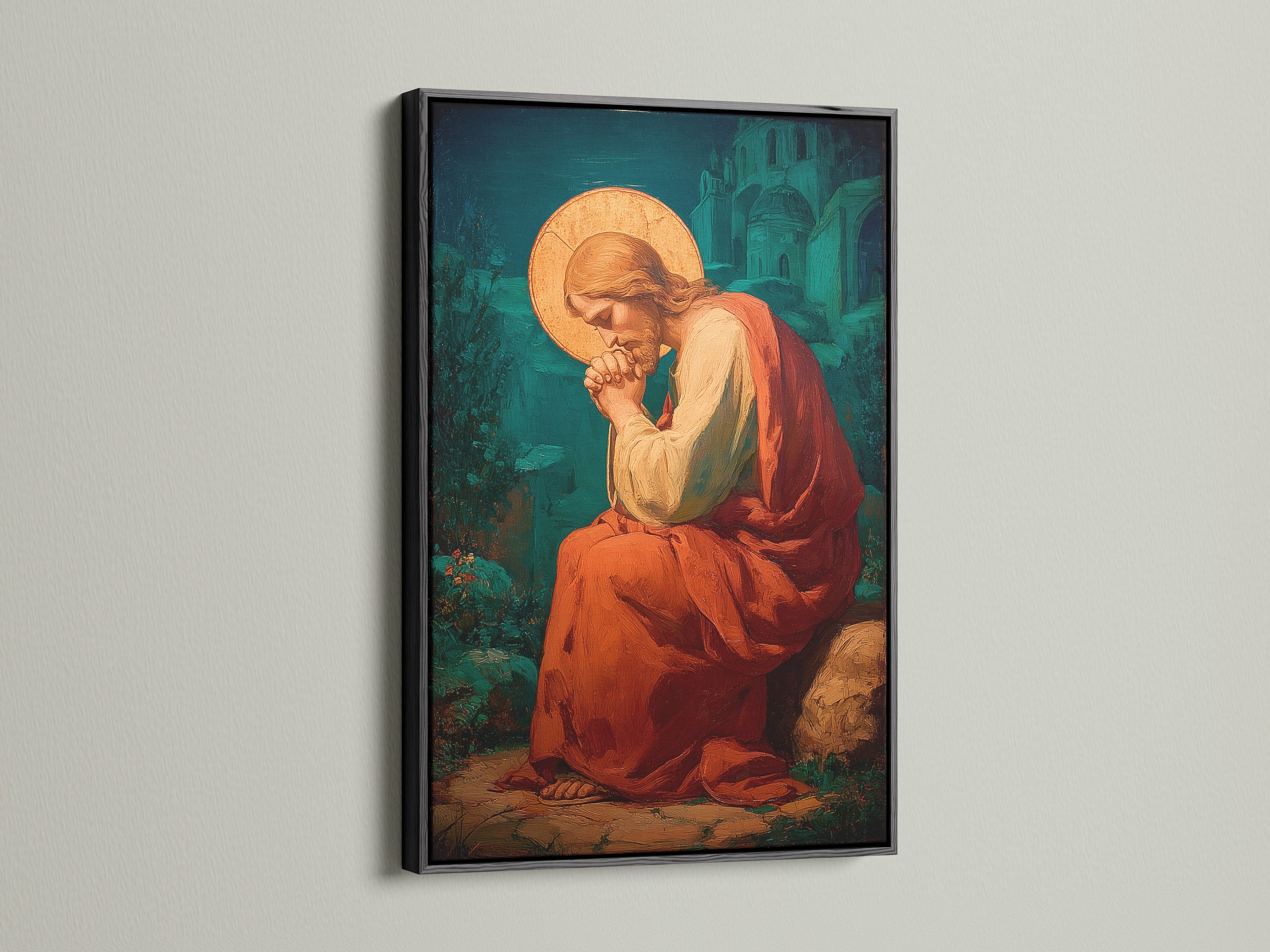 This artwork is displayed in a sleek black frame. The black frame provides a bold and classic contrast. It highlights the artwork's colors and details. It creates a gallery-worthy presentation.