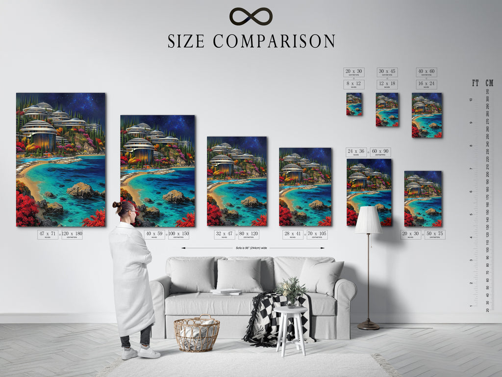 A size comparison chart is displayed in an interior setting showcasing Futuristic Architecture artwork. See how the turquoise ocean canvas print fits in various room sizes. This modern cityscape art is perfect for any space. It helps you visualize the impact of refined wall decor.