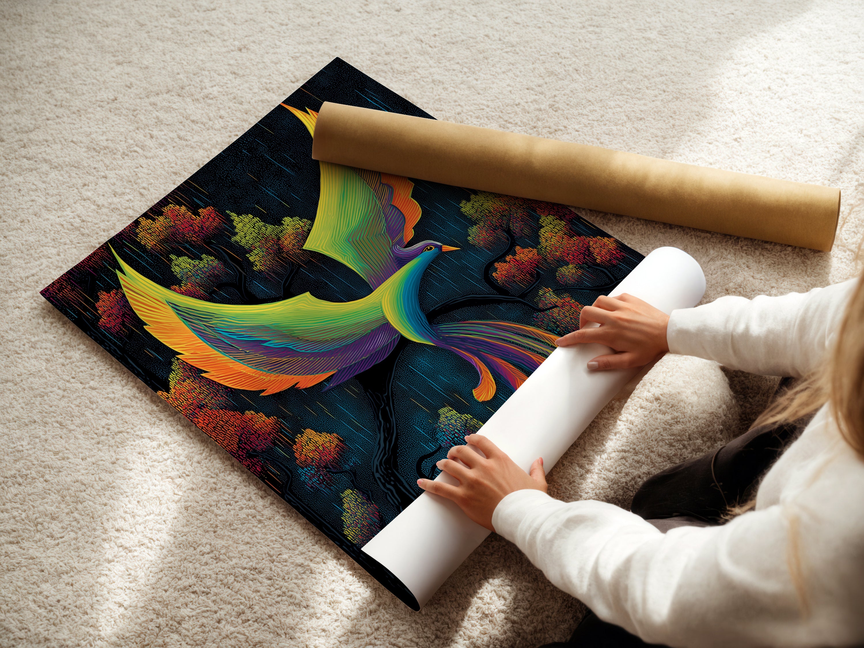 A woman is carefully rolling a fine art poster paper. The paper features the Phoenix Bird artwork. This abstract print uses teal and orange colors. Ideal for modern wall decor this vibrant artwork is ready for framing. Perfect for bedroom art.
