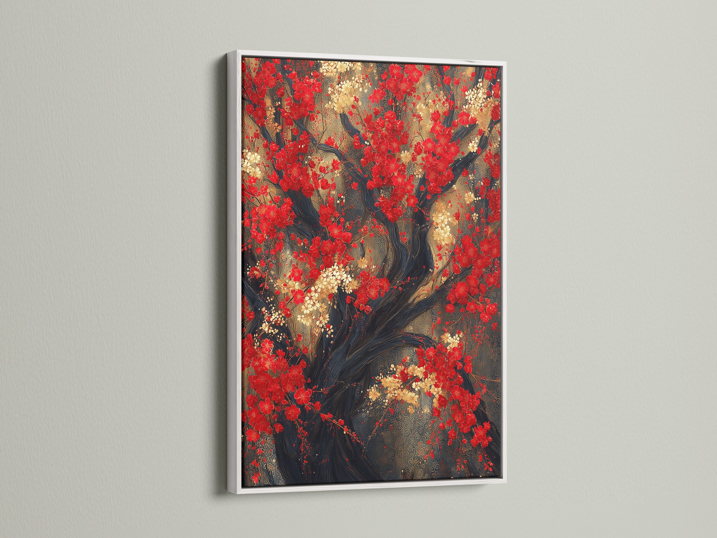 The Red Blossoms Canvas Print is elegantly presented in a white frame. This Asian botanical art piece showcases a Japanese cherry tree. It enhances any space with its red floral canvas. Perfect for contemporary wall decor or adding a touch of nature wall art to your dining room. The artwork features red and gold accents.