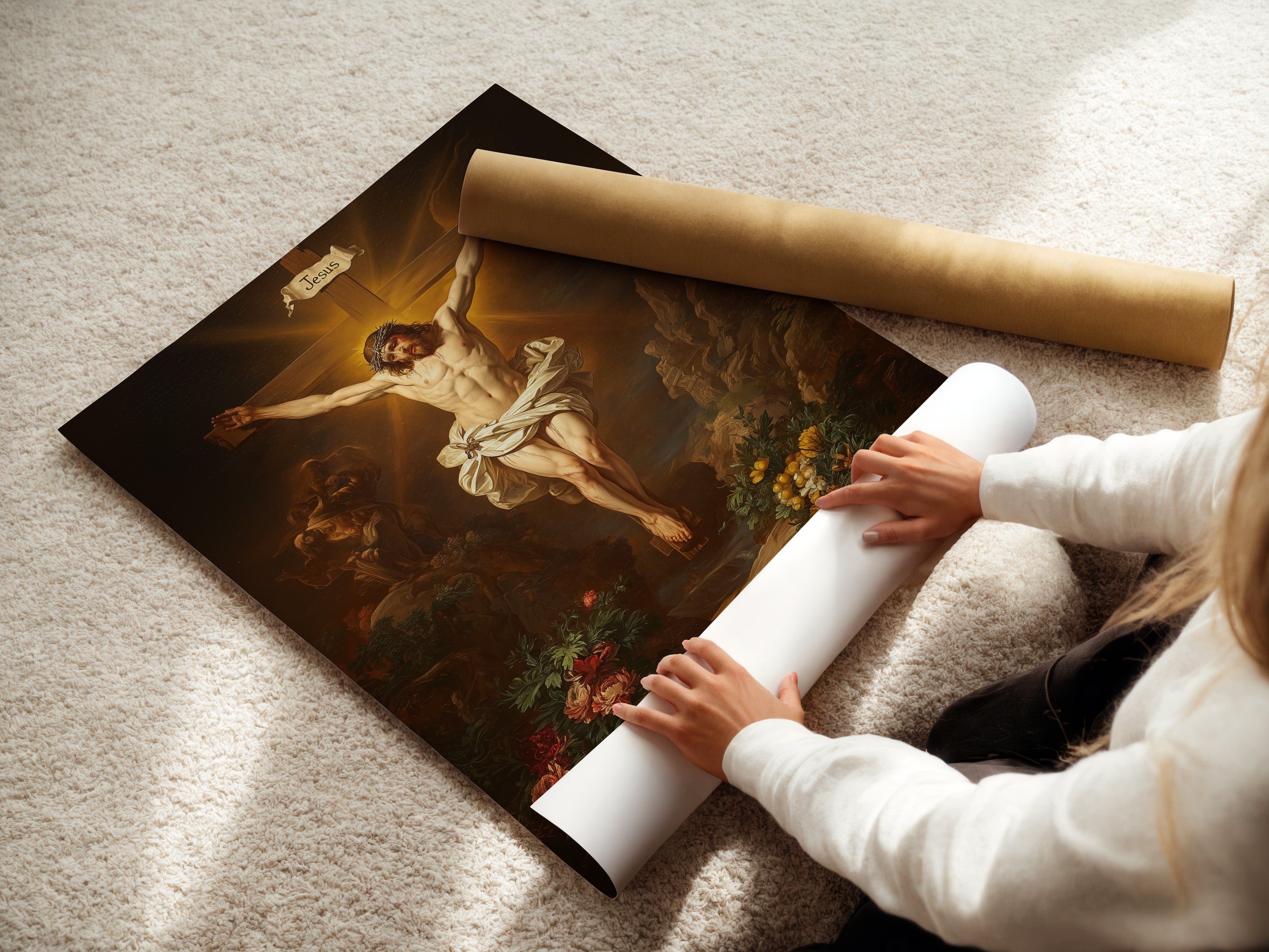 A woman carefully rolls a fine art poster paper. Protecting the delicate surface for lasting beauty. High-quality paper ensures vibrant and long-lasting prints. Preserve your art with professional-grade materials. Enjoy your artwork for years to come.