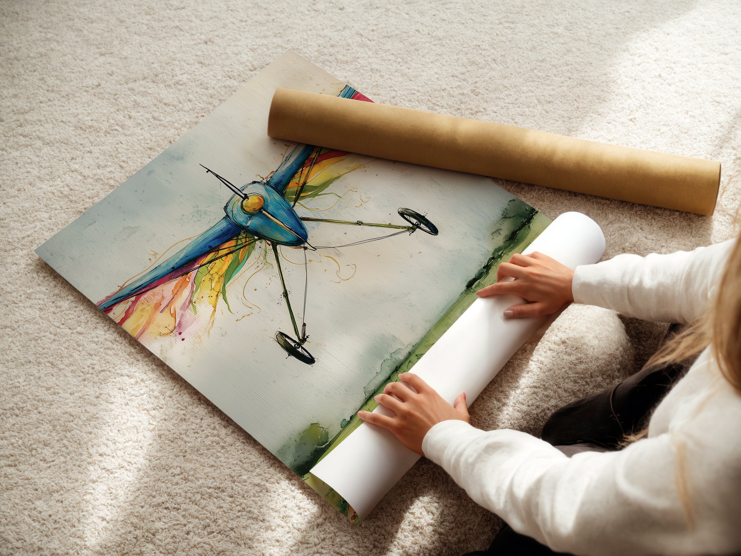 A woman is carefully rolling a fine art poster paper. The poster showcases watercolor airplane artwork. The vintage biplane art is ready for framing. Ideal for those who love aviation or want a unique gift.
