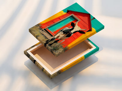 A professionally stretched canvas print of cow artwork. The canvas is ready to hang. The stretched canvas is a great way to display your art. Perfect for farmhouse wall art. Add a touch of rustic charm to your space. Enjoy this rural art print.